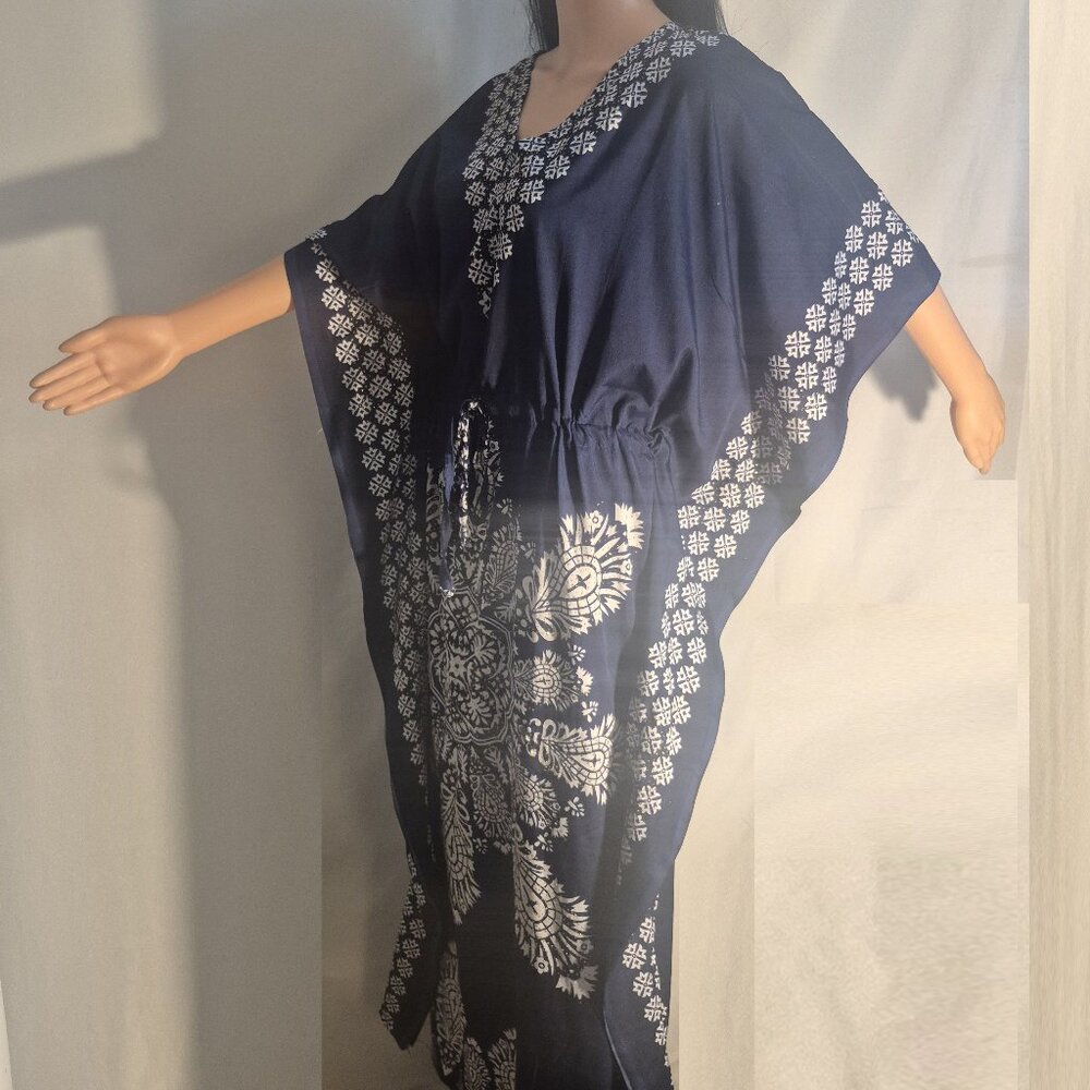 Navy Blue Maxi Kaftan Dress with White Floral Print
